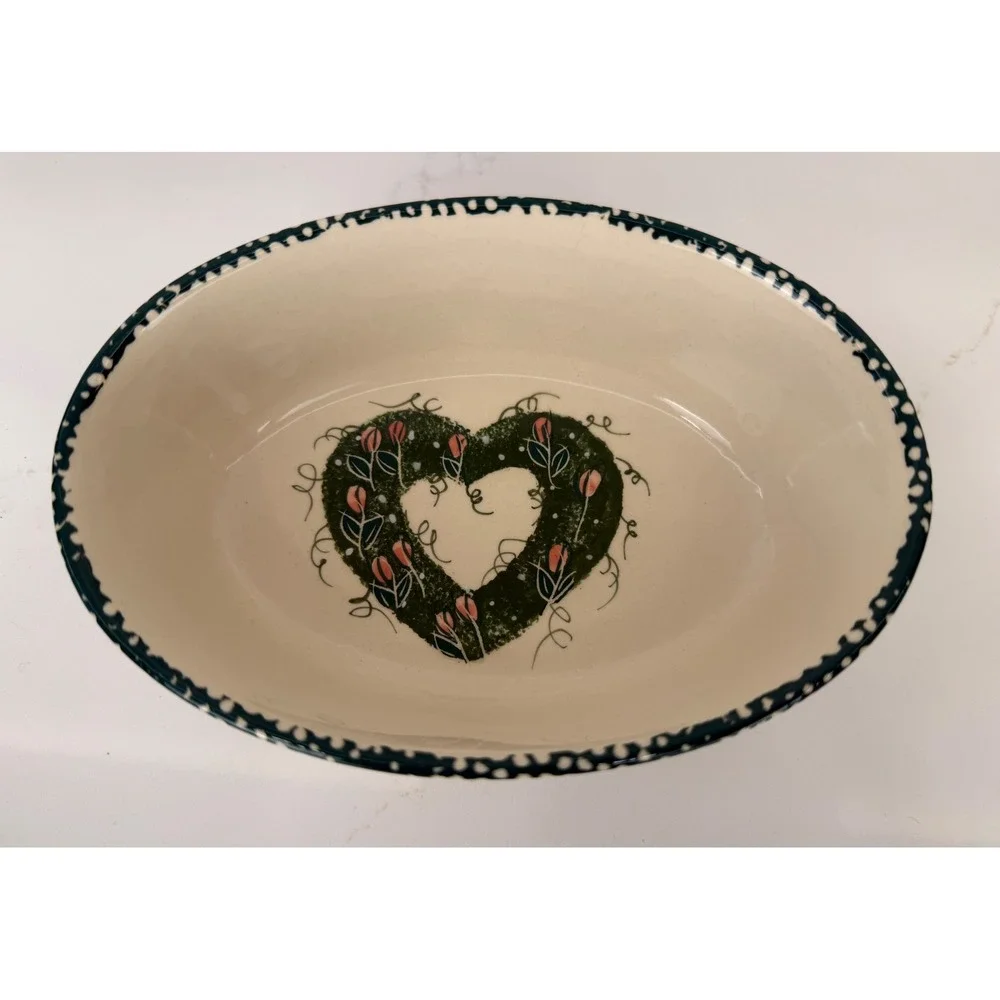 Nesting Bowls Oval Stoneware Heart Tulip Set of 3 Cream Green Country 90s